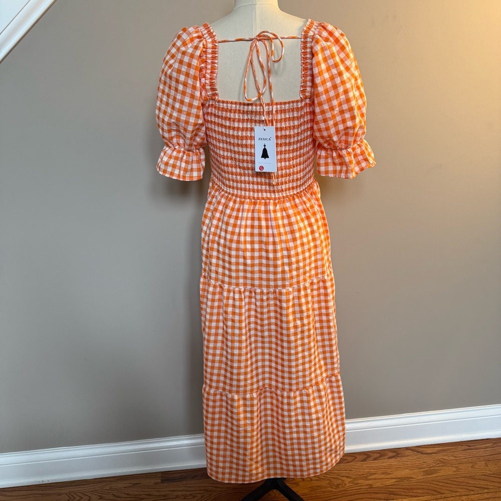 Zesica Orange Checkered Midi Dress with Puff Sleeves - Picture 10 of 15